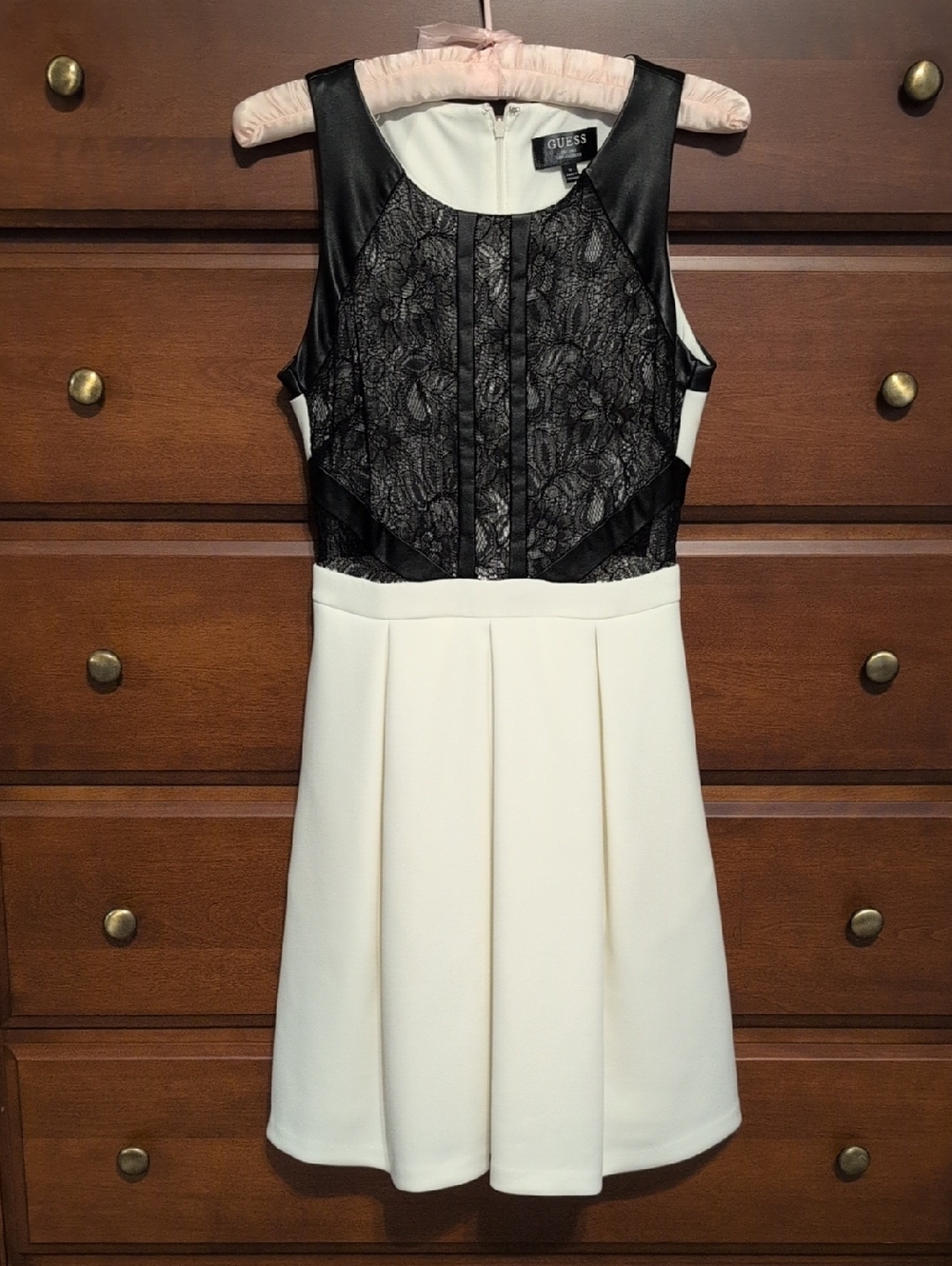 Guess Black Lace and White Fit-and-Flare Prom Dress